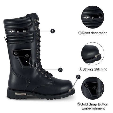 Men's Motorcycle Boots PU Leather Casual Boots Waterproof Mens Mid-calf Boots With Side Zipper For Motorbike Riding Work Outdoor