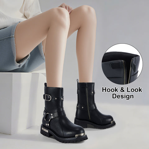 Motorcycle Boots for Women PU Leather Waterproof With Side Zipper For Motorbike Riding Work