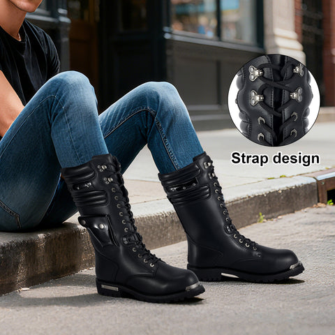 Men's Motorcycle Boots PU Leather Casual Boots Waterproof Mens Mid-calf Boots With Side Zipper For Motorbike Riding Work Outdoor