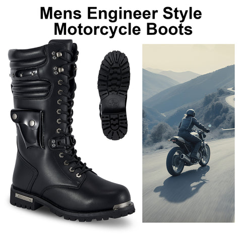 Men's Motorcycle Boots PU Leather Casual Boots Waterproof Mens Mid-calf Boots With Side Zipper For Motorbike Riding Work Outdoor
