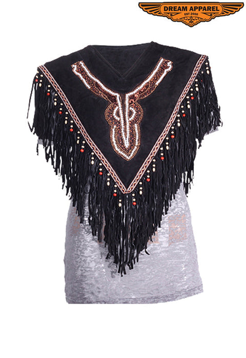 Womens Leather Poncho With Beads