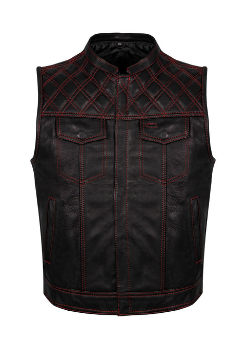 Dream Apparel Mens Naked Leather Motorcycle Club Vest Red Thread Zipper Front, Diamond Padding