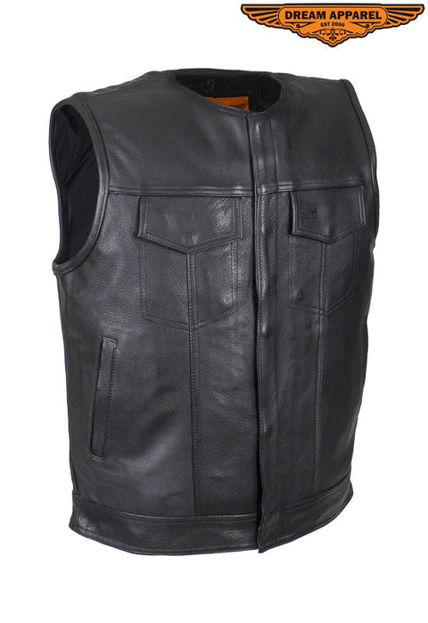 Mens No Collar Leather Motorcycle Club Vest With Black Liner