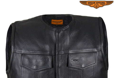 Mens No Collar Leather Motorcycle Club Vest With Black Liner