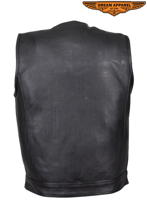 Mens No Collar Leather Motorcycle Club Vest With Black Liner
