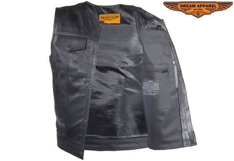 Mens No Collar Leather Motorcycle Club Vest With Black Liner