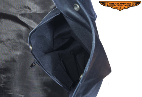 Mens No Collar Leather Motorcycle Club Vest With Black Liner