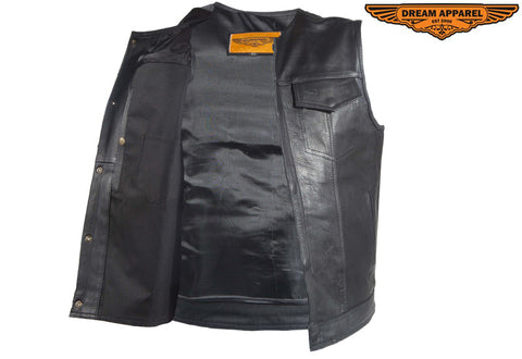 Mens No Collar Leather Motorcycle Club Vest With Black Liner