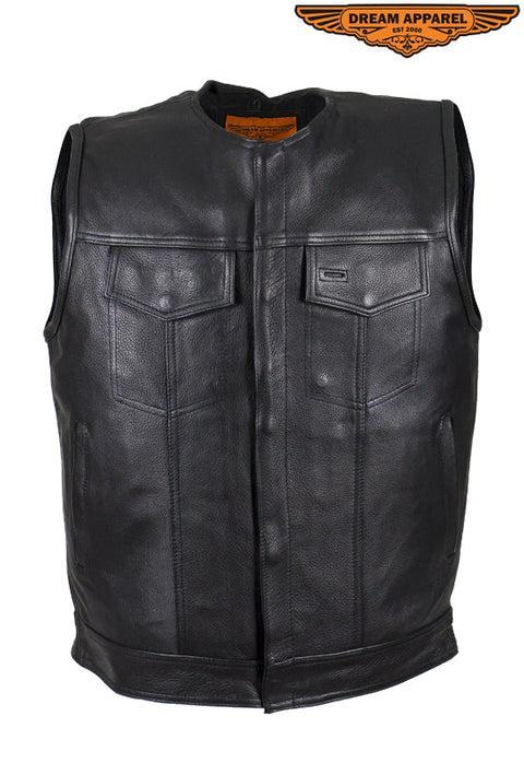 Mens No Collar Leather Motorcycle Club Vest With Black Liner