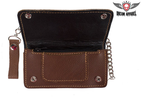 Premium Quality Full-Grain Brown Leather Bifold Motorcycle Chain Wallet