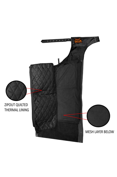 Dream Apparel Black Multi-Pocket Premium Cowhide Leather Chaps Removable Lining