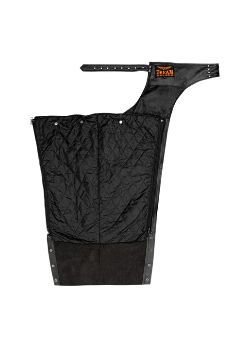 Dream Apparel Black Multi-Pocket Premium Cowhide Leather Chaps Removable Lining