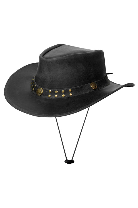 Dream Apparel Men's Black Leather Cowboy Hat, Crackle-Finish Premium Leather Western Studded Hat