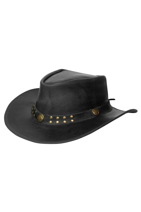 Dream Apparel Men's Black Leather Cowboy Hat, Crackle-Finish Premium Leather Western Studded Hat