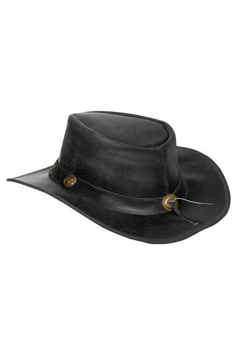 Dream Apparel Men's Black Leather Cowboy Hat, Crackle-Finish Premium Leather Western Studded Hat