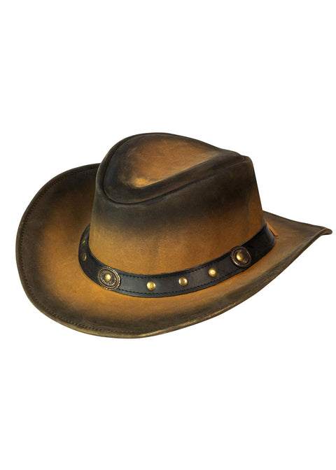 Leather Outback Cowboy Hat Crackle-Finish Premium Leather Western Wide Brim Studded Concho Hatband