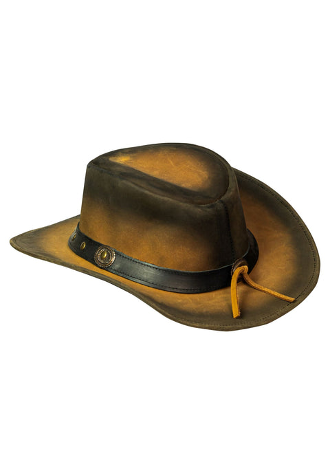 Leather Outback Cowboy Hat Crackle-Finish Premium Leather Western Wide Brim Studded Concho Hatband