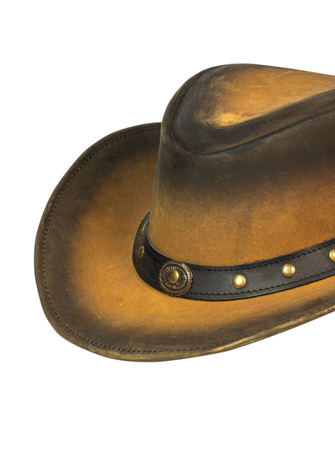 Leather Outback Cowboy Hat Crackle-Finish Premium Leather Western Wide Brim Studded Concho Hatband