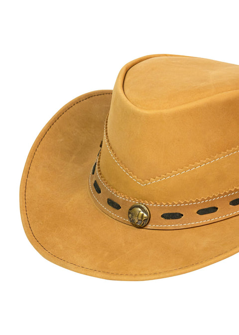Leather Outback Cowboy Western Hat Camel Crackle-Finish Premium Leather Wide Brim Concho Hatband