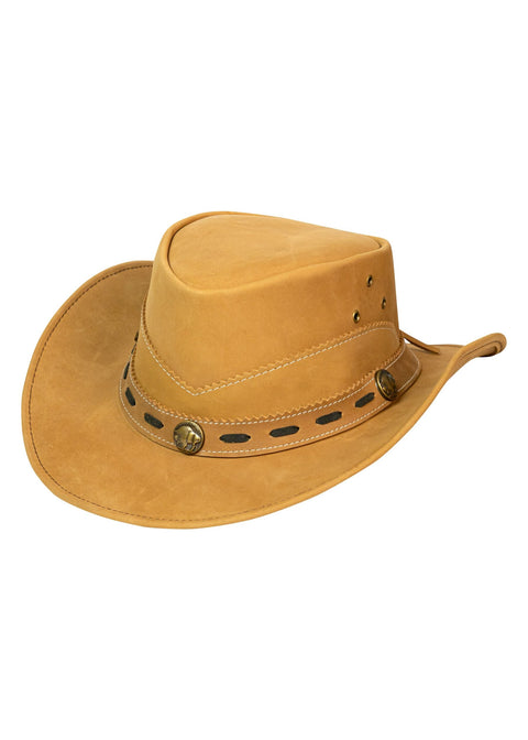 Leather Outback Cowboy Western Hat Camel Crackle-Finish Premium Leather Wide Brim Concho Hatband
