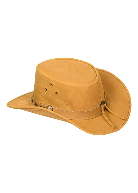 Leather Outback Cowboy Western Hat Camel Crackle-Finish Premium Leather Wide Brim Concho Hatband