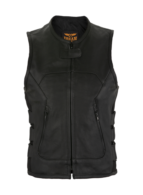 Dream Apparel Women Leather Vest with side straps Conceal Carry Motorcycle Vest