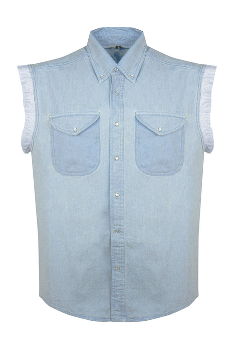 Dream Apparel Mens Biker Cuttoff Cotton Shirt Stonewash Denim Sky Blue Shirt