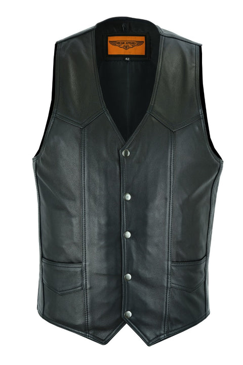 Dream Apparel Mens Plain Black Leather Vest Heavy Duty Premium Cowhide Leather Concealed Pockets