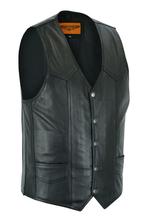 Dream Apparel Mens Plain Black Leather Vest Heavy Duty Premium Cowhide Leather Concealed Pockets