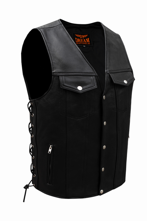 Dream Apparel Men's Black Leather Vest Buttoned Front Closure Side Laces