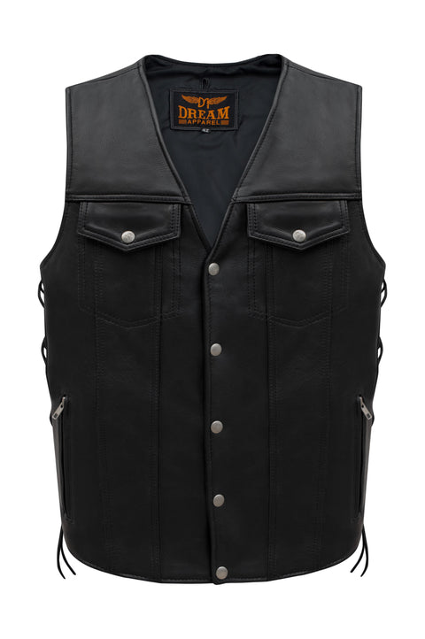 Dream Apparel Men's Black Leather Vest Buttoned Front Closure Side Laces