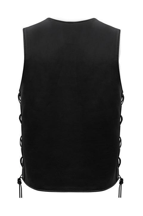 Dream Apparel Men's Black Leather Vest Buttoned Front Closure Side Laces