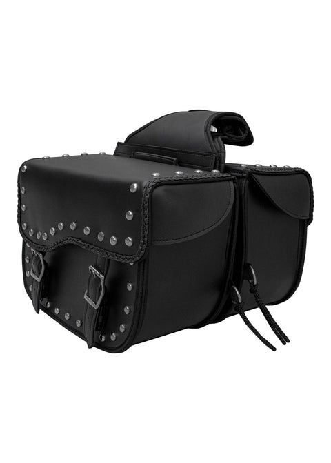 Dream Apparel Motorcycle Saddlebag PVC Classic Black Vintage Style Weather-Resistant Saddlebag Studs