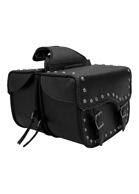 Dream Apparel Motorcycle Saddlebag PVC Classic Black Vintage Style Weather-Resistant Saddlebag Studs