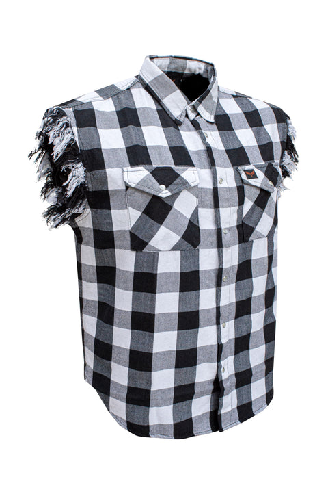 Dream Apparel Men's Sleeveless Flannel Shirt Black & White Sleek Design Cotton Shirt Frayed Sleeves