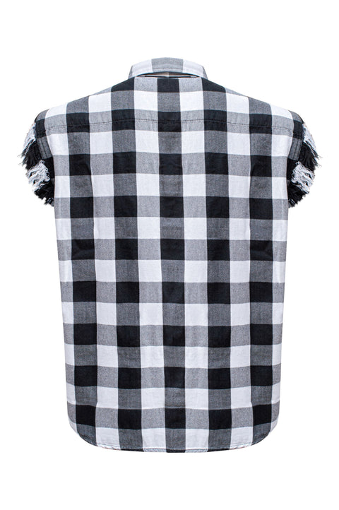 Dream Apparel Men's Sleeveless Flannel Shirt Black & White Sleek Design Cotton Shirt Frayed Sleeves