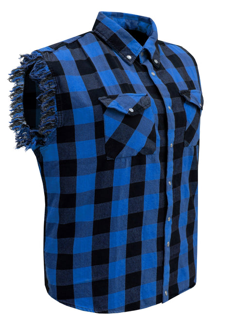 Dream Apparel Men's Sleeveless Flannel Shirt Black & Blue Sleek Design Cotton Shirt Frayed Sleeves