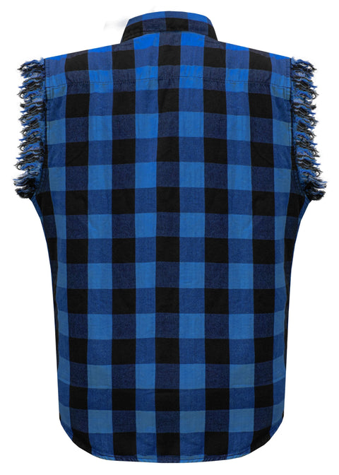 Dream Apparel Men's Sleeveless Flannel Shirt Black & Blue Sleek Design Cotton Shirt Frayed Sleeves