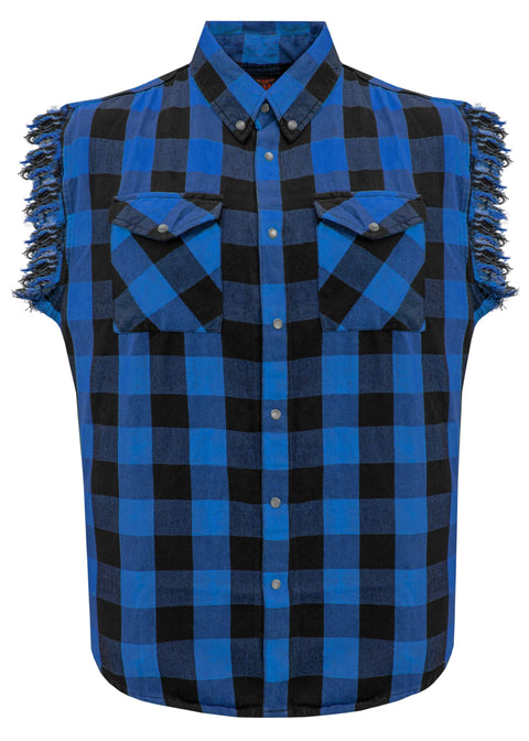 Dream Apparel Men's Sleeveless Flannel Shirt Black & Blue Sleek Design Cotton Shirt Frayed Sleeves