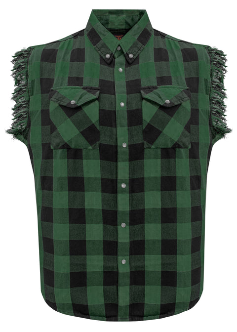 Dream Apparel Men's Sleeveless Flannel Shirt Black & Green Sleek Design Cotton Shirt Frayed Sleeves