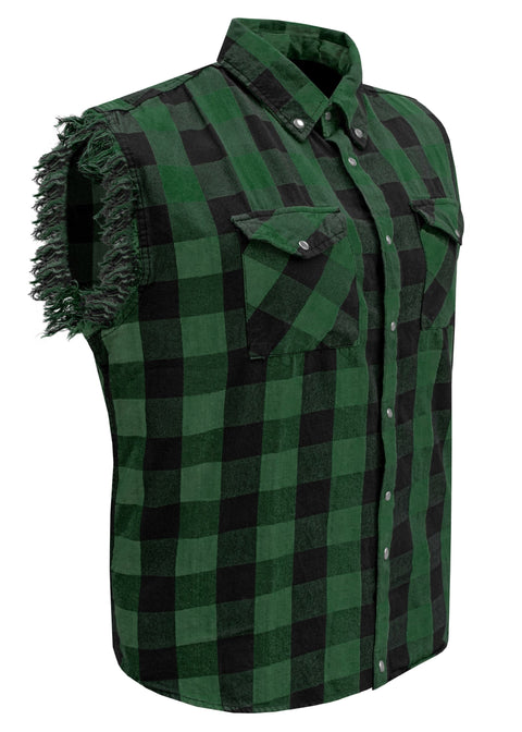 Dream Apparel Men's Sleeveless Flannel Shirt Black & Green Sleek Design Cotton Shirt Frayed Sleeves