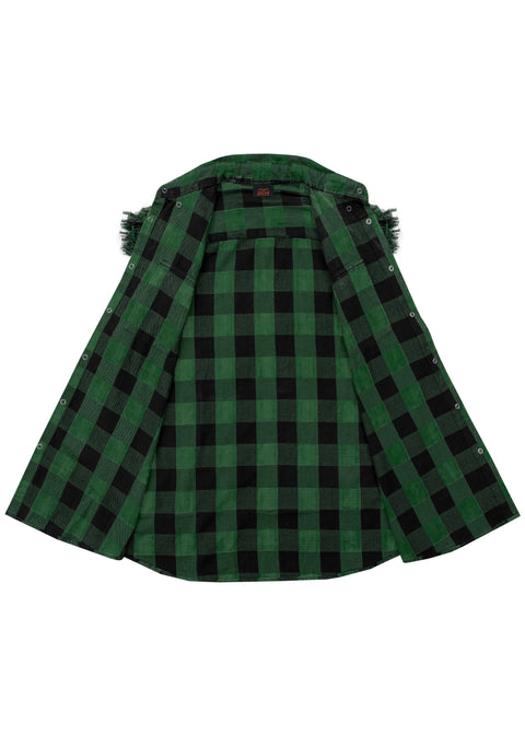 Dream Apparel Men's Sleeveless Flannel Shirt Black & Green Sleek Design Cotton Shirt Frayed Sleeves