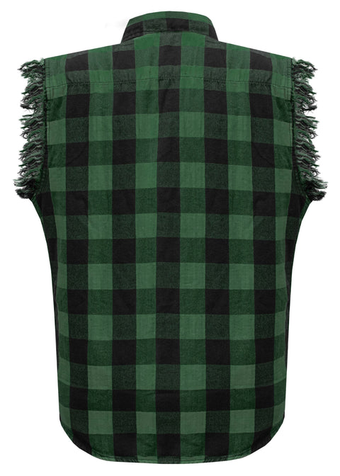 Dream Apparel Men's Sleeveless Flannel Shirt Black & Green Sleek Design Cotton Shirt Frayed Sleeves