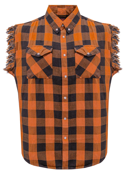 Dream Apparel Men's Sleeveless Flannel Shirt Black & Orange Sleek Design Cotton Shirt Frayed Sleeves