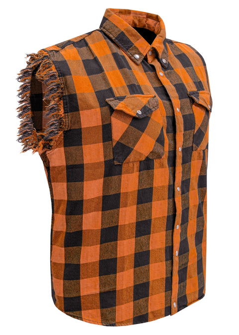 Dream Apparel Men's Sleeveless Flannel Shirt Black & Orange Sleek Design Cotton Shirt Frayed Sleeves