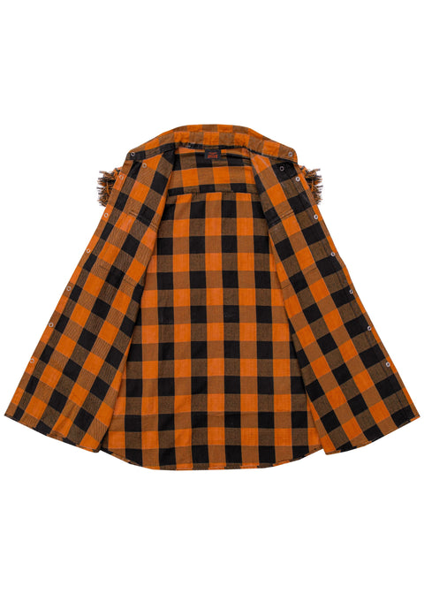 Dream Apparel Men's Sleeveless Flannel Shirt Black & Orange Sleek Design Cotton Shirt Frayed Sleeves