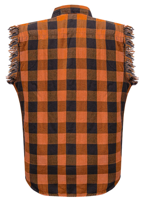 Dream Apparel Men's Sleeveless Flannel Shirt Black & Orange Sleek Design Cotton Shirt Frayed Sleeves