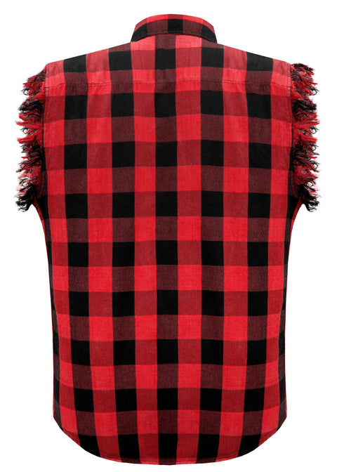 Dream Apparel Men's Sleeveless Flannel Shirt Black & Red Sleek Design Cotton Shirt Frayed Sleeves
