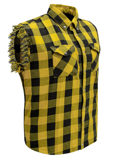 Dream Apparel Men's Sleeveless Flannel Shirt Black & Yellow Sleek Design Cotton Shirt Frayed Sleeves