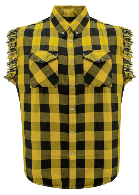 Dream Apparel Men's Sleeveless Flannel Shirt Black & Yellow Sleek Design Cotton Shirt Frayed Sleeves